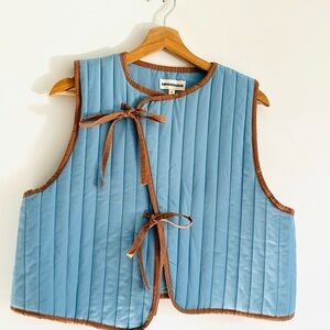 Sonderhaus Blue Quilted Vest with Brown Trim